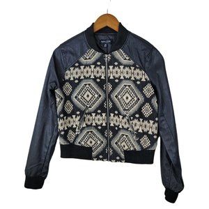 New Look Moto Jacket Size Medium Zip Up Faux Leather Aztec Tapestry Bomber Black